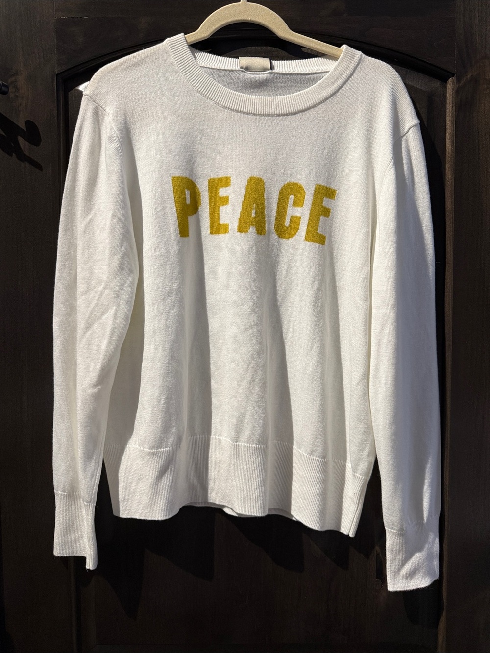 Alex Marie White Sweater with Yellow "PEACE" Letters